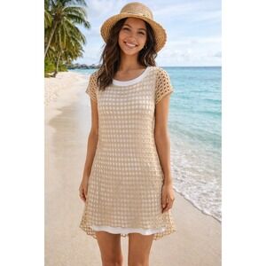 Pete Crochet Overlay Mini Dress Women XS Tan White Boho Beach Festival Knit 299M